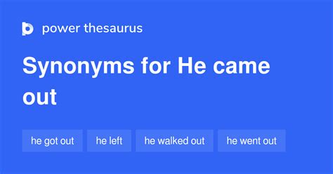 Find 97 different ways to say GET <strong>OUT</strong> OF, along with antonyms, related words, and example sentences at Thesaurus. . Came out with synonym